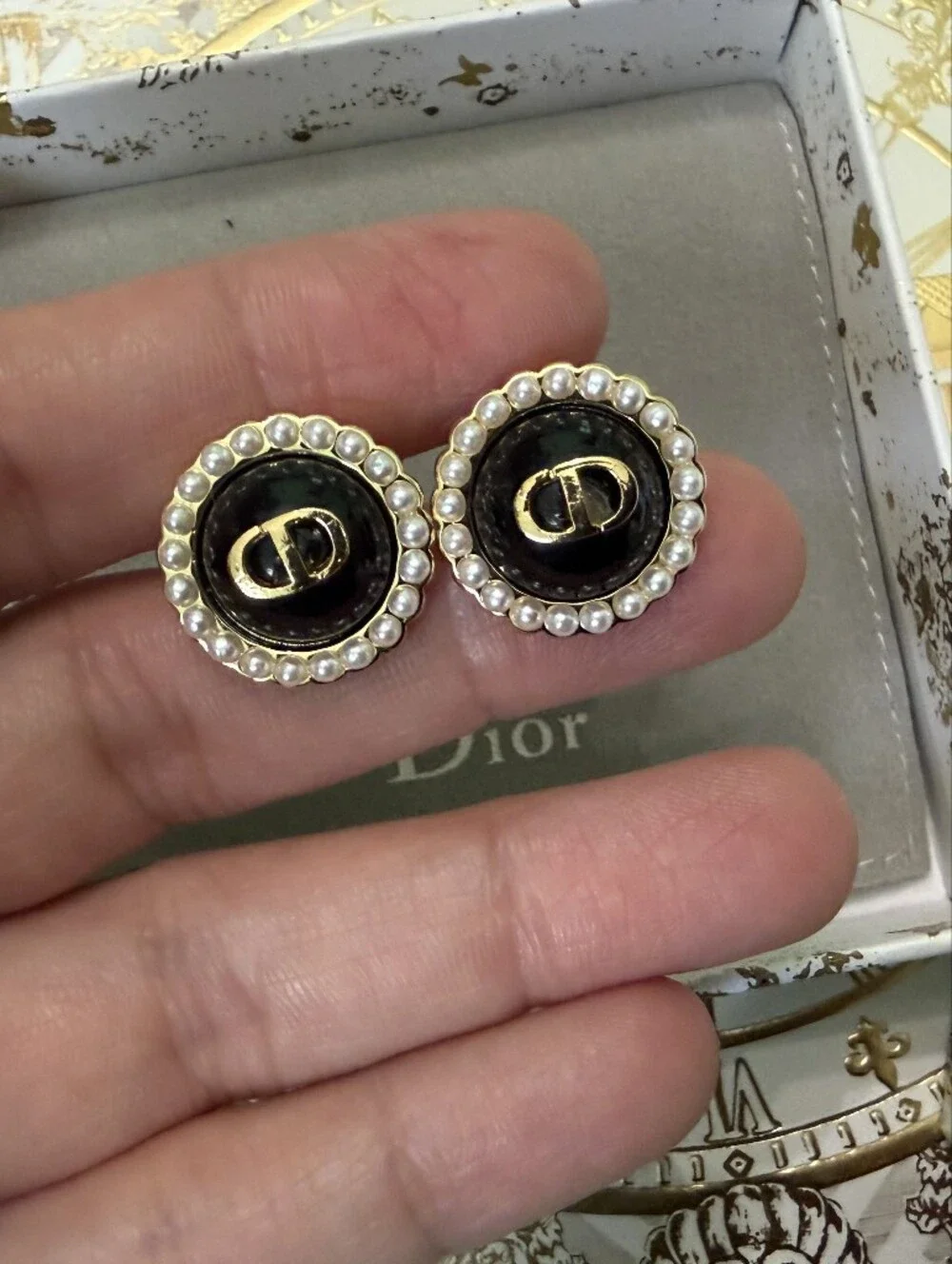 Dior Black Pearl-Trim CD Earrings